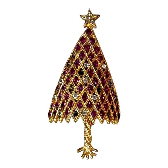 Vintage Christmas Tree Brooch Pin Woven Rhinestones & Star Design By Coro Kraft - Picture 1 of 6